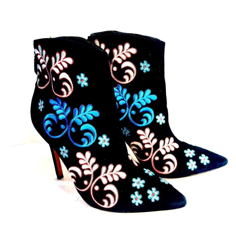 Isa Tapia Alandra Black Multicolor Embroidered Heel Booties  7 EU 37 Festive